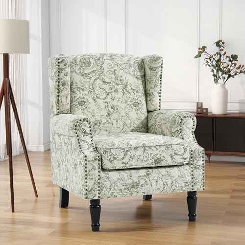 UIXE High Back Accent Chair, Fabric Upholstered Armchair for Living Room, Floral Printed Wingback Arm Chair with Solid Wood Legs, Retro Nailhead Trim Single Sofa Bedroom Reading Seat - Rococo Green