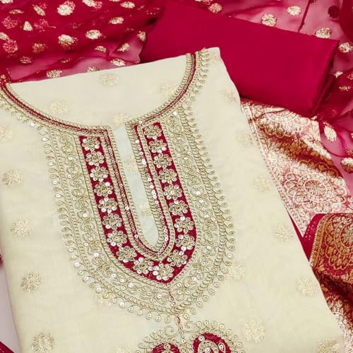 Image of HMP Fashion Womens Shimmer Butti Neck Work Unstitched Dress Material with Heavy Jacquard Dupatta Ethnic Salwar Kameez Ethnic Set