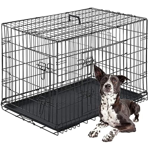 FDW Dog Crate for Large Dogs 42 Inch Folding Metal WirePet Cage Double Door W/Divider Panel Indoor Outdoor Kennel Leak-Proof Plastic Tray,Black