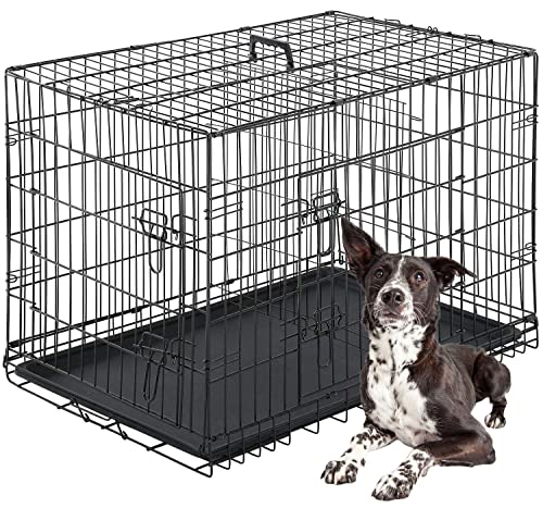 FDW Dog Crate for Large Dogs 42 Inch Folding Metal WirePet Cage Double Door W/Divider Panel Indoor Outdoor Kennel Leak-Proof Plastic Tray,Black by FDW - Used condition - US$51.59