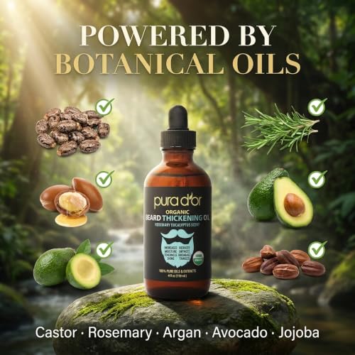 PURA D'OR ORGANIC Beard Thickening Oil, Rosemary Eucalyptus Scent, 4oz | Fuller-Looking Facial Hair, USDA Certified, Helps Stengthen, Argan, Castor, Moisturizes Dry Skin, Adds Shine, Non-Greasy, Men - image 4