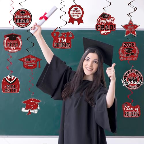 Image of Graduation Hanging Swirls Decorations, Red and Black Graduation Party Decorations, 30PCS Class of 2026 Streamers Ornaments for Classroom Ceiling Office High School College Congrats Grad Party Favors