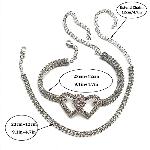 2Pcs Rhinestone Heart Anklet Bracelets Crystal Lariat Love heart Foot Chain Bling Beach Barefoot Sandal Jewelry for Women Girls Teens - Image 7