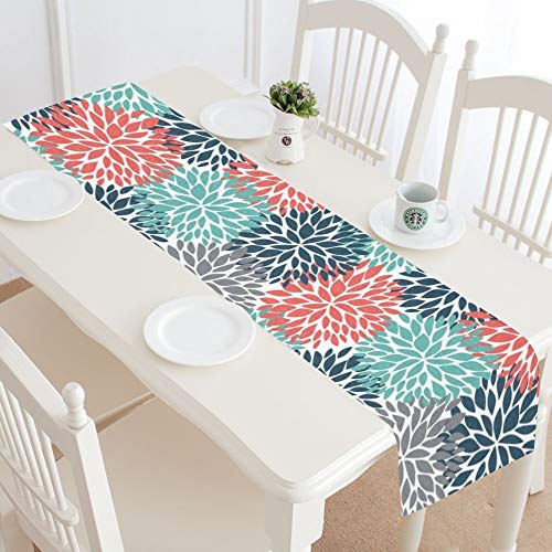 InterestPrint Dahlia Pinnata Flower Teal Coral Gray Table Runner Linen & Cotton Placemat Home Decor for Kitchen Dining Wedding Party 16 x 72 Inches - Thumbnail 5