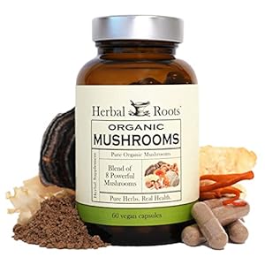 Herbal Roots Organic 8 Mushroom Blend Supplement Capsules – 100% Fruiting Body Extracts – Wellness and Immunity – 60 Vegan Capsules