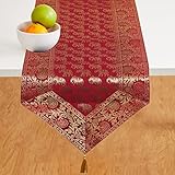United Craft Art Indian Handmade Banarasi Silk Table Clothes Matte, Animal Print Silk Table Cloth, Elephant Style Silk Table Runner, Silk Dining Table Runner (Red 14x80 Inch)
