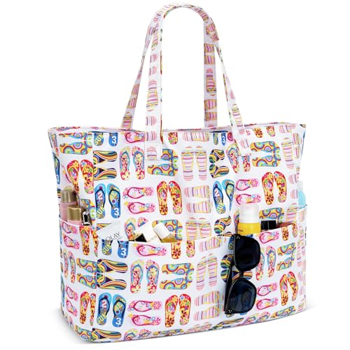 Image of Iioscre Beach Bag for Women, Causal Hobo Handbags with Zipper Inner Pocket, Foldable Swim Tote Bag for Vacation Essentials