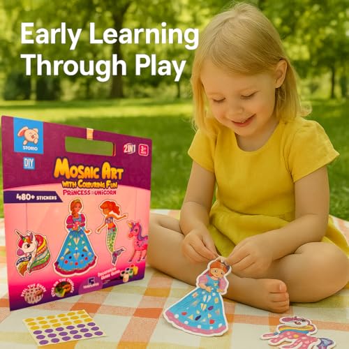 Image of Storio Mosaic Art & Craft Kit for Kids with Colouring Fun | Mirror Mosaic DIY Set with Unicorn & Princess Theme | Creative Craft Activity for Girls Age 4-8 | Mess-Free, Fun & Educational Gift