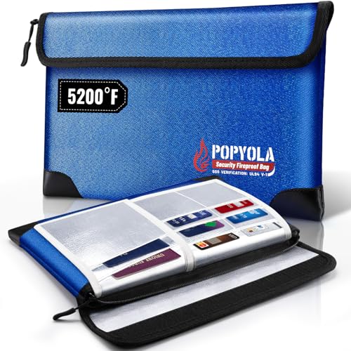 POPYOLA Fireproof Document Bag, Upgraded 5200°F Fireproof Bag with Heat Insulated, 12”X 8.3” Waterproof Fireproof Money Bag for Cash with 8 Slots, Fire Proof Bag for Documents and Valuables (Blue)