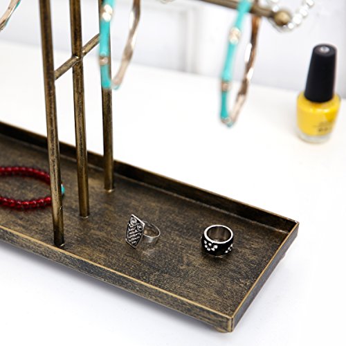 Mygift Modern Jewelry Organizer, 3 Tier Brass Metal Tabletop Bracelet And Necklace Jewelry Storage Display Tree Rack With Base Ring Tray #TOP3