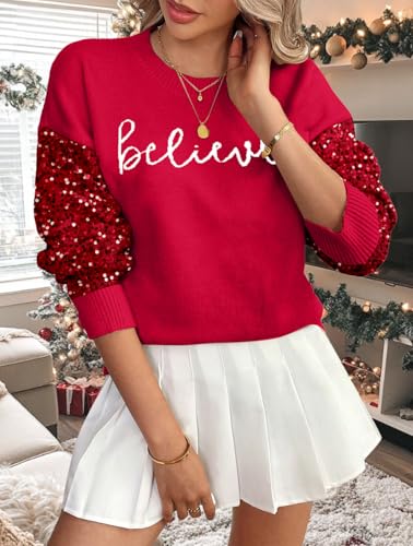 Believe Sequin Sleeve Christmas Sweater for Women - Image 5