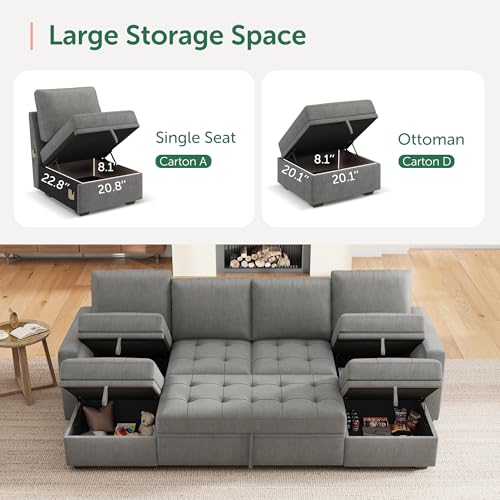 Image of HONBAY Modular Sectional Sleeper Sofa with Pull Out Bed,U Shaped Couch with Storage Seat,Sectional Couches for Living Room,Warm Grey