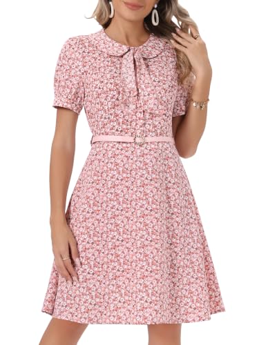 Image of Allegra K Women's Peter Pan Collar Tie Neck Short Sleeves A-Line Elegant Belted Vintage Floral Dress