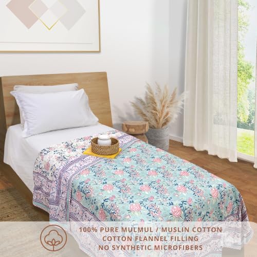 Image of TOAIArt Premium Jaipuri Dohar | AC Blanket Summer Quilt | Hand Block Printed | 3 Layers | Reversible | 150GSM 100% Mulmul Cotton | 100% Cotton Flannel Filling | Single 60 inch X 90 inch|Rose on Green
