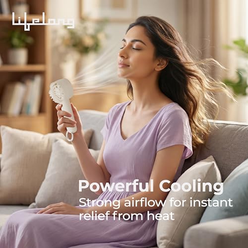 Image of Lifelong Personal Hand Fan with Cool Touch & Hiking Buckle | 3 Speed Settings | Type-C Rechargeable | 4W BLDC Motor, 2000mAh Battery | Portable, Lightweight & Compact | Dense Safety Grid (Beige)