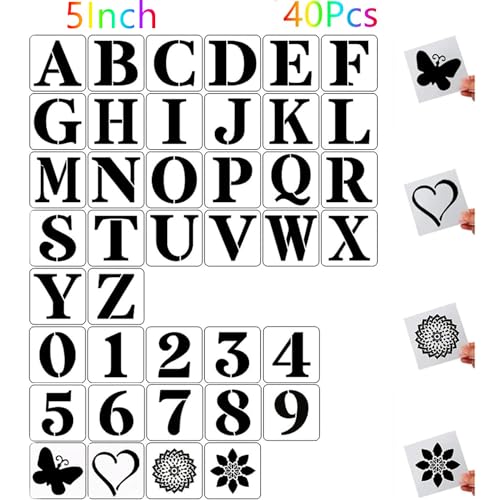 5 Inch Letter and Number Stencils, 40Pcs Plastic Templates for Painting