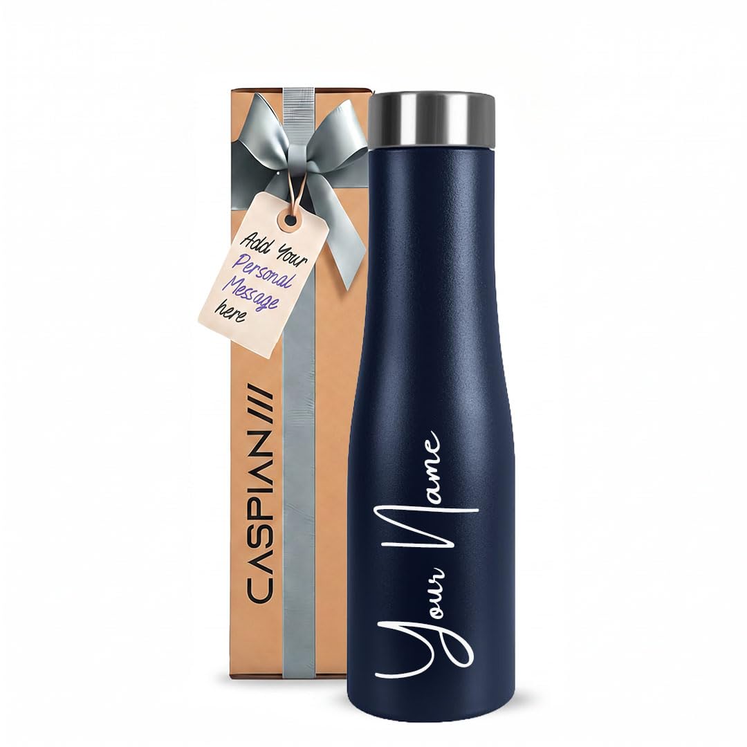 Caspian Aqua Customised Stainless Steel Water Bottle 1L, with Logo Print - Personalised Water Bottle with Your Name Print for Kids Girls Boys Office School Gym- Perfect for Corporate Gifting R-Blue