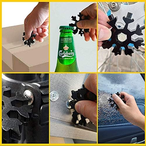 ECHG 18 in 1 Snowflake Multi Tool, Stainless Steel Portable Multi-Tool with Keyring & Carabiner Clip for Outdoor Travel Camping Daily Tool (Black)