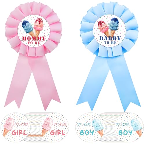 Whats The Scoop Gender Reveal Decorations - 42 Pcs Ice Cream Gender Reveal Decorations Include Mommy & Daddy to Be Badges and 40 PCS Team Boy Team Girl Stickers. Pink or Blue Boy or Girl Baby Shower