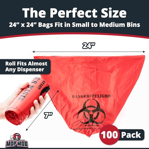 Image of No Leak, Hospital Grade Biohazard Waste Bags 100 Pk. 10 Gallon, 24 inch Red Trash Liner With Hazard Symbol For Infectious Waste Disposal (Pack of 2)