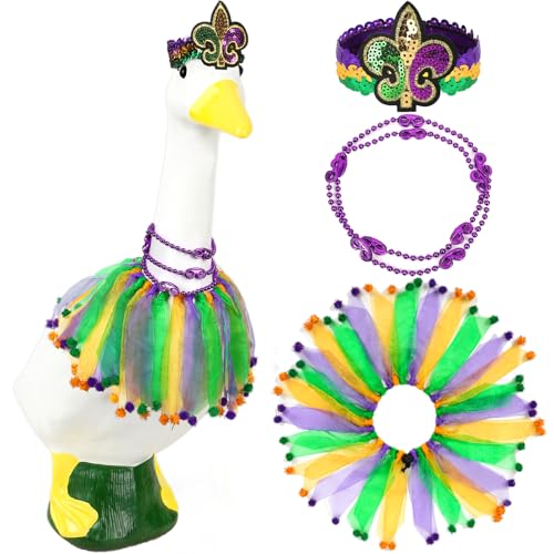 BOARDFEB Mardi Gras Goose Outfit Funny Porch Goose Costume Hat and Bow Tie for Spring Garden Lawn 3-Piece Purple Gold Green Carnival Theme Costume for Mardi Gras Holiday