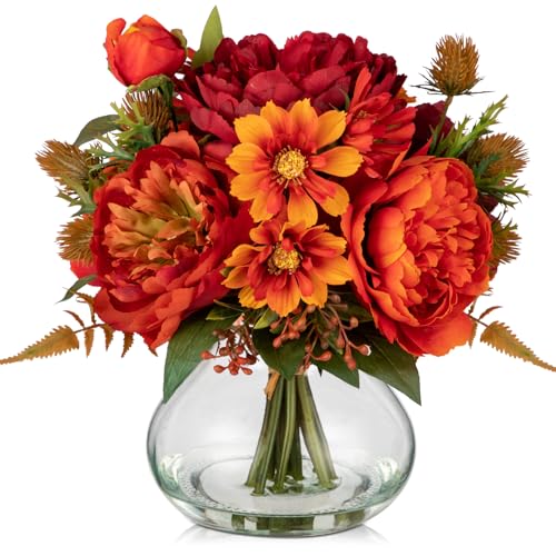 Fake Peony Flowers in Vase Fall Table Centerpiece Faux Floral Arrangement in Vase Autumn Artificial Flowres for Tables Orange Silk Flowers Arrangement