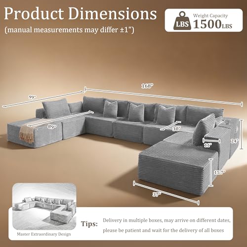 Image of 168 inch Cloud Sectional Couch, Comfort U Shaped Sofa for Living Room, Extra Deep Seats No Assembly, Minimalist Modular Couch, Corduroy (Light Grey, 9 Seats,U-Shape A)
