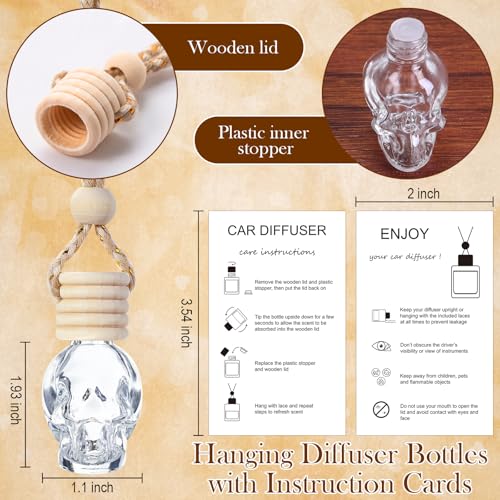 Image of Boao 25 Sets Halloween Hanging Car Air Freshener Diffuser Bottles Empty Bulk with Car Diffuser Instruction Card Organza Bags Glass Refillable Essential Oil Fragrance Aromatherapy Pendant(Skull, Clear)