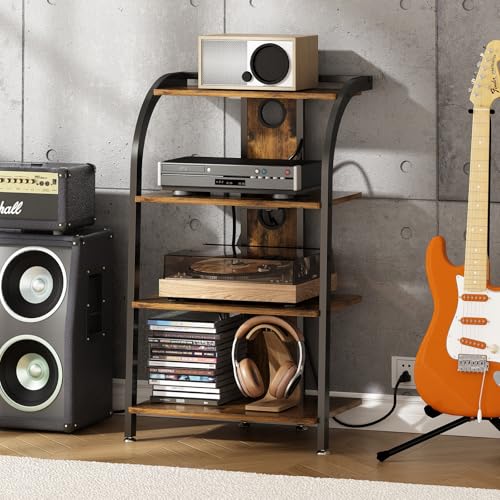 Wisdom Star 4-stöckiger AV-Media-Ständer, Stereo-Schrankständer-Rack, Gaming-Regal, Audio-Schrank, Eck-DVD-TV-Ständer, Medienkonsolenschrank aus Holz mit Ladestation, Entertainment Media Center