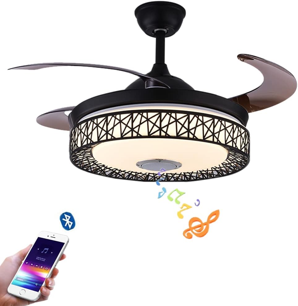 42" Retractable Ceiling Fan with Lights and Bluetooth Speaker, Invisible Blades Ceiling Chandelier Fan with 3 Lights Dimmable and Remote Control for Bedroom Dining Room Living Room (Black)
