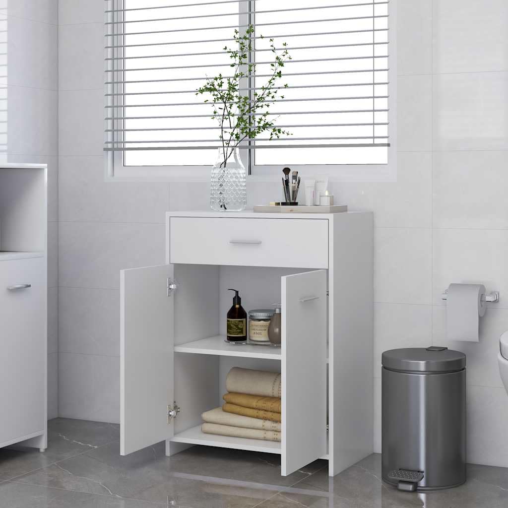 Armadietto da bagno in legno bianco, 60 x 33 x 80 cm, con 2 scomparti, salvaspazio, montaggio a parete per bagno, WC degli ospiti, spazio e ordine nel lavandino