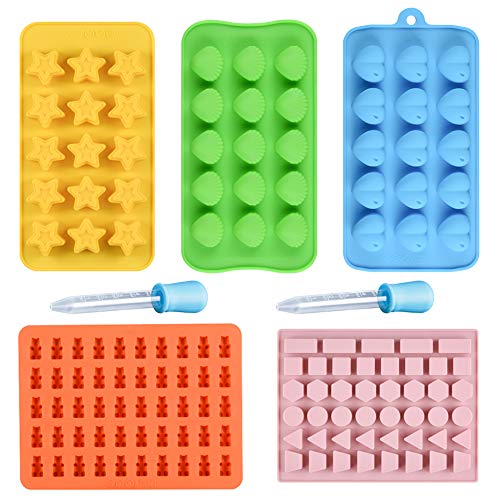 Silicone Gummy Bear Candy Molds - Chocolate Candy Molds & Bear Silicone Molds Including Stars, Seashells, Hearts and Bears with Free 2 Droppers 100% Food Grade Silicone Pack of 5