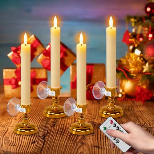 Image of Wondise Flameless Window Candles with Remote Timer, 7 inch Battery Operated 3D Wick Real Wax LED Flickering Taper Candles for Christmas Decoration, Removable Gold Holder and Suction Cups Included 4Pack