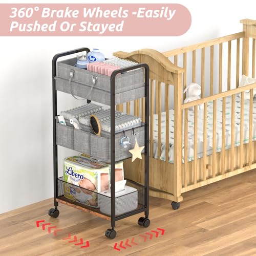 LIDTOP 2In1 Baby Diaper Caddy & 3-Tier Rolling Diaper Cart, Diaper Caddy Organizer Cart with Dividers, Mobile Metal Utility Cart for Nursery Essentials, Detachable Bedside Cart, Large Capacity - Thumbnail 7