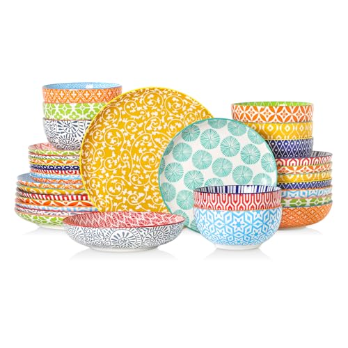 Image of Selamica Ceramic Plates and Bowls Sets,32 Pieces Dinnerware Sets for 8,Scratch Resistant Dish Set for family gathering,Dishwasher & Microwave Safe, Assorted Colors