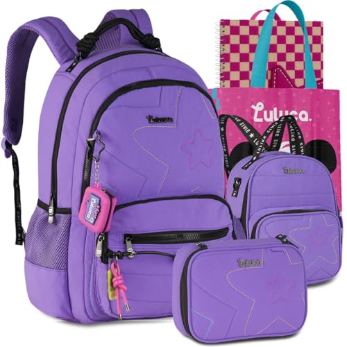 Kit Mochila Luluca Escolar Lancheira Estojo Escolar Meninas Resistente Infantil Juvenil (Roxo)