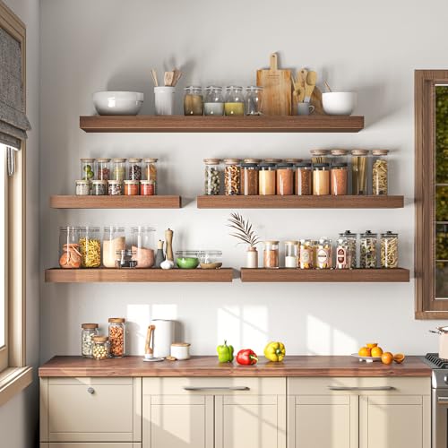 Image of Dreamland 24 inch Floating Shelves for Wall, 12 inch Deep Thicker Walnut Floating Shelves, Wall-Mounted Shelves for Bedroom, Living Room, Kitchen, Bathroom - Set of 2