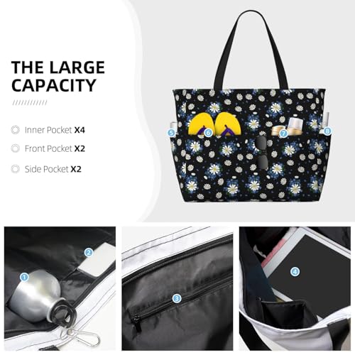 Large Beach Bags Water-resistant Sandproof - Blue White Daisies Flowers Cute Beach Tote Bags for Women with Zipper3