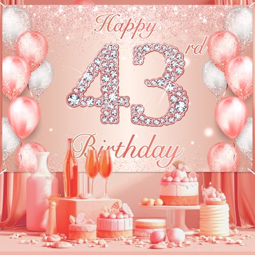 Image of Happy 43rd Birthday Rose Gold Banner Cheers to 43 Years Old Backdrop Confetti Balloons Theme Decor for Women 43 Years Old Pink Birthday Party Decorations Bday Supplies Background Favors Gift Glitter