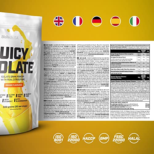 BioTechUSA Juicy Isolate | Glutenvrij, Lactosevrij, Suikervrij | Verfrissend Eiwit Frisdrank | met Vezels en Vitamine C, 500 g, Sinaasappel - Afbeelding 5