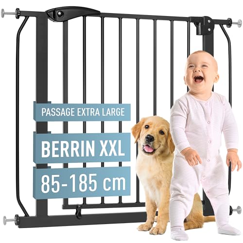 ib style Barrière de Sécurité Berrin XXL 85-185 - Passage Extra-Large, Installation Facile sans Perçage, Double Verrouillage, pour Enfants 6 a 24 Mois, 140-150 cm, Noir