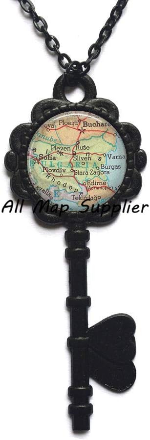 AllMapsupplier Charming Key Necklace,Bulgaria map Key Pendant,Bulgaria map Key Necklace,Bulgaria Key Pendant Bulgaria Key Necklace，A0198