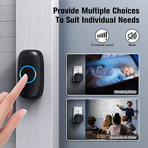 SECRUI Wireless Doorbell with 2 Buttons, Waterproof Mini Door Bell 1,000ft Range 110dB Mute Mode 58 Door Chimes & Colorful LED Flashing - Black - Thumbnail 6