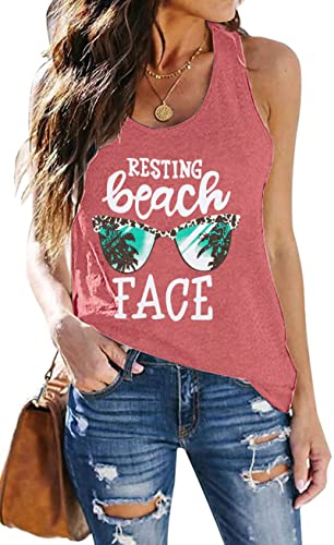 EGELEXY Resting Beach Face Tank Tops Women Sleeveless Racerback Letter Print Loose Vacation Vest Tees (Pink, Medium, m)