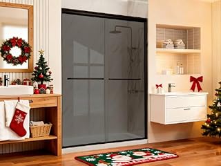 Semi-Frameless Shower Door Double Sliding for Bathroom, Reversible Bathroom Glass Shower Door with Two Handles in Matte Black (48" x72"-Gray, Matte Black)