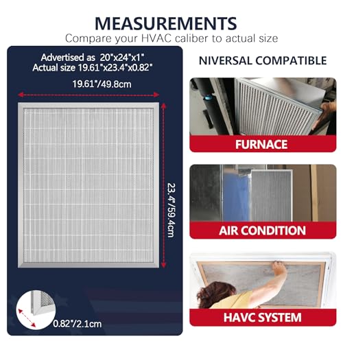 Image of 20x24x1 Electrostatic Air Filter, MERV 8 Washable & Reusable Aluminum AC /HVAC Furnace Filter, Lifetime Permanent Air Filter, Easy to Clean, Increases Airflow(Actual Size:19.37x 19.37x3.58)