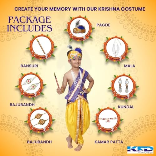 Image of Kaku Fancy Dresses Krishna Costume With Dhoti For Boy /Janmashtami /Bal Gopal Dress /Kanha Costume /Bal Krishna /Mythological Costume For Boy - Yellow-Red, 1-2 Years