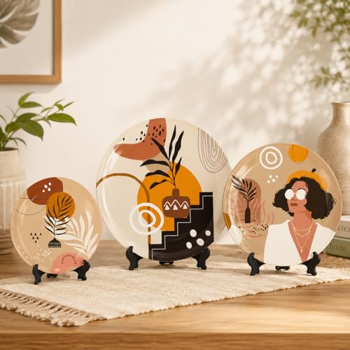 Image of Boho Ceramic Decorative Wall Plates Set of 3 with Stands - Modern Abstract Wall Decor for Living Room, Bedroom & Balcony - Neutral Beige Bohemian Hanging Plates for Home Decoration