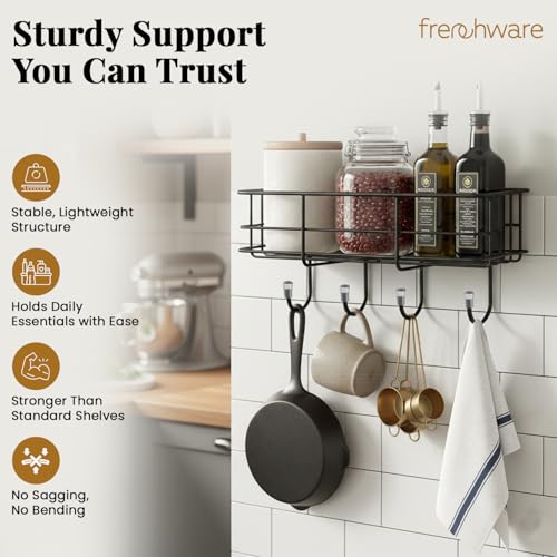 Image of Frenchware Self Adhesive Kitchen Shelf Organiser, Drill-Free Wall Rack | with Magic Stickers & 4 Hooks, Rust-Proof Storage Shelf for Bathroom, Black