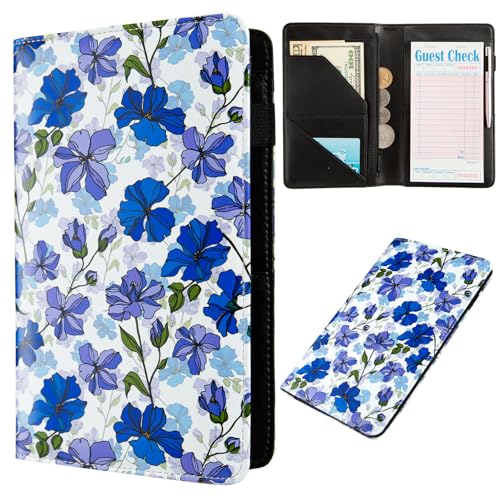 ANNAMISSI Server Books for Waitress,Cute Pocket Leather Money Organizer Wallet Note Pad Cash Bill Restaurant Guest Check Book Holder Pocket Presenter Fit Server Apron Waitress Book (Blue flower)